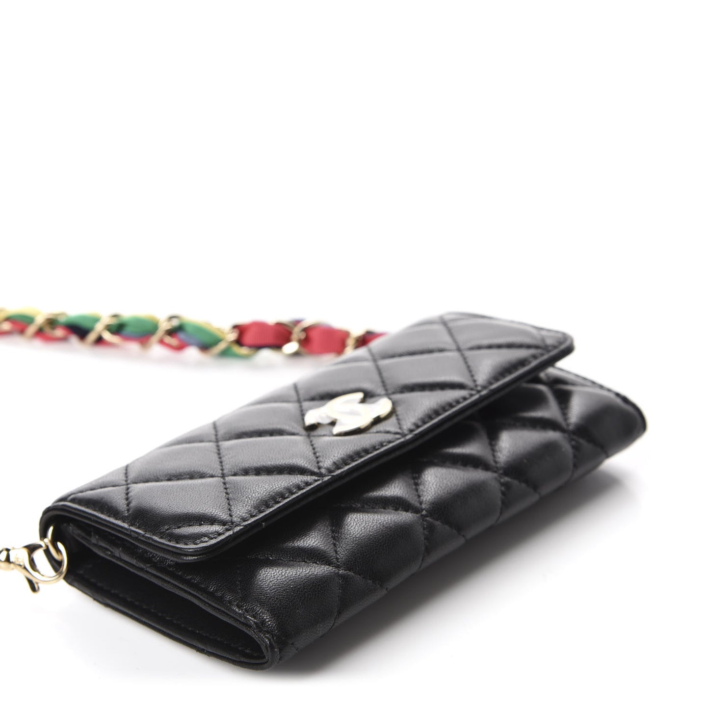 Shiny Lambskin Ribbon Quilted Clutch With Chain Black