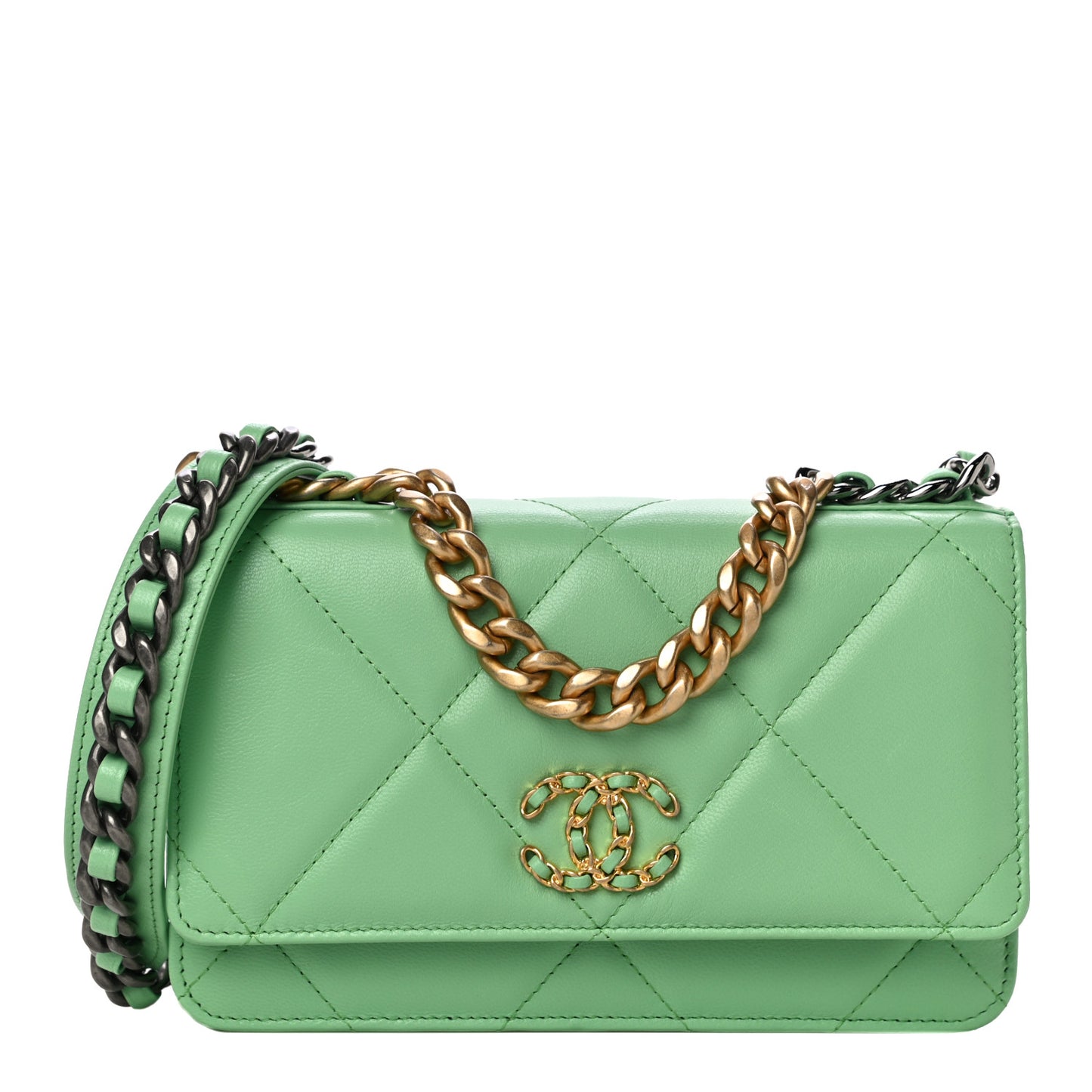 Lambskin Quilted Chanel 19 Wallet On Chain WOC Green