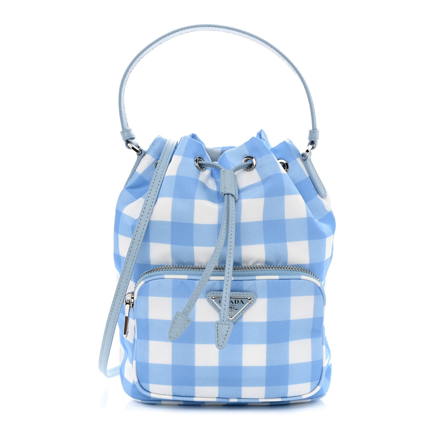 Re-Nylon Saffiano Gingham Print Duet Bucket Crossbody Bag Light Blue