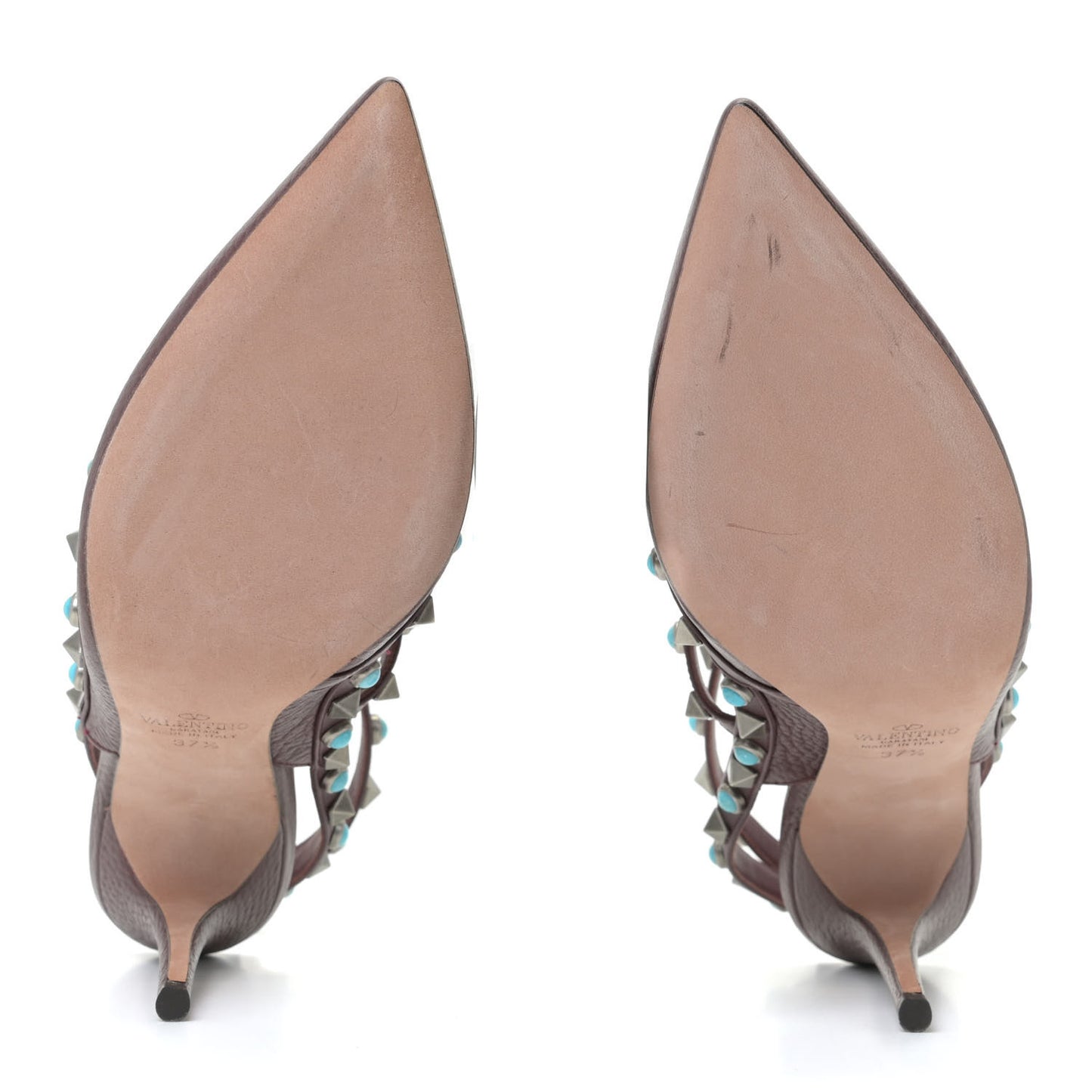 Pebbled Calfskin Turquoise Rockstud Rolling Ankle Strap 100mm Pumps 37.5 Rubin