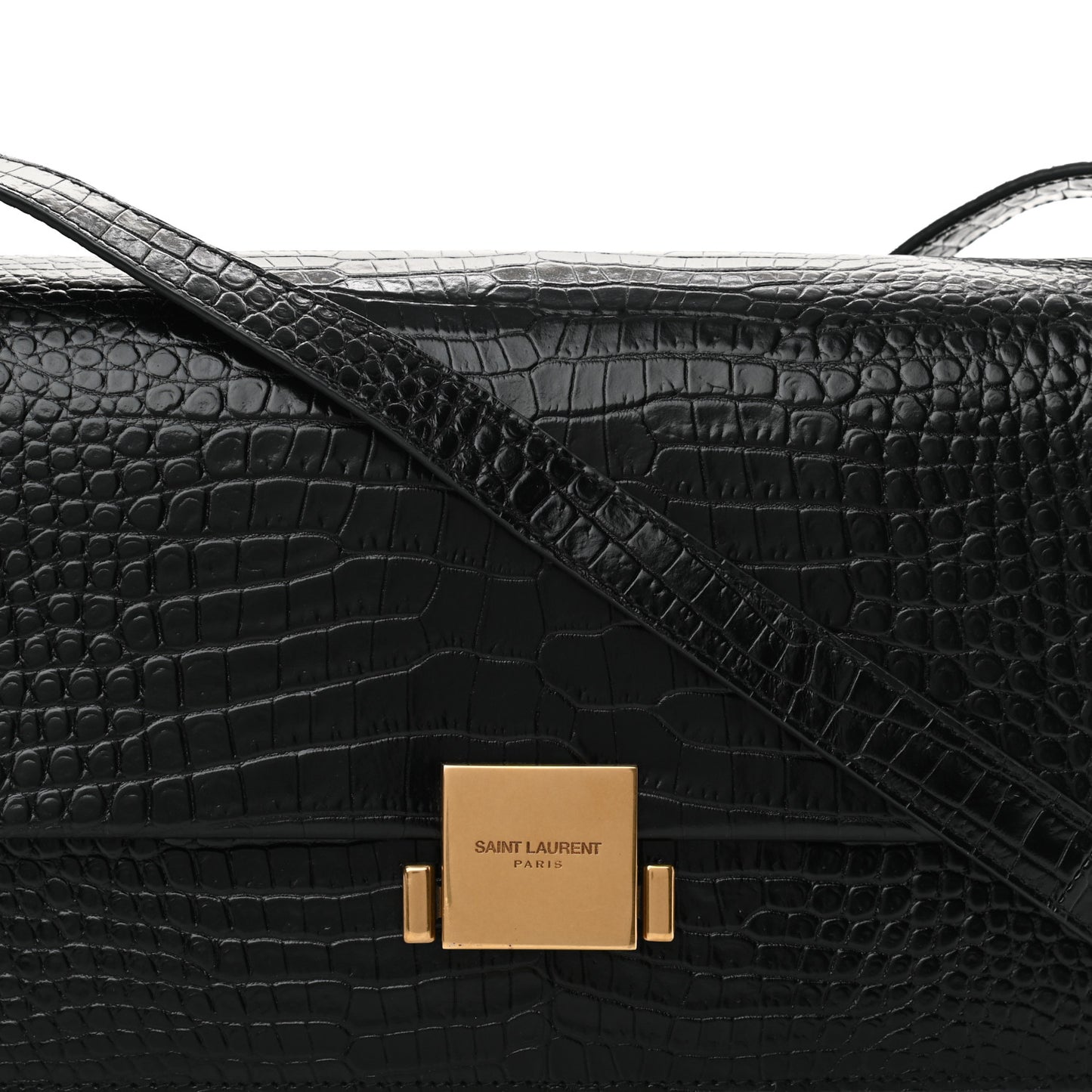 Calfskin Crocodile Embossed Medium Bellechasse Satchel Black