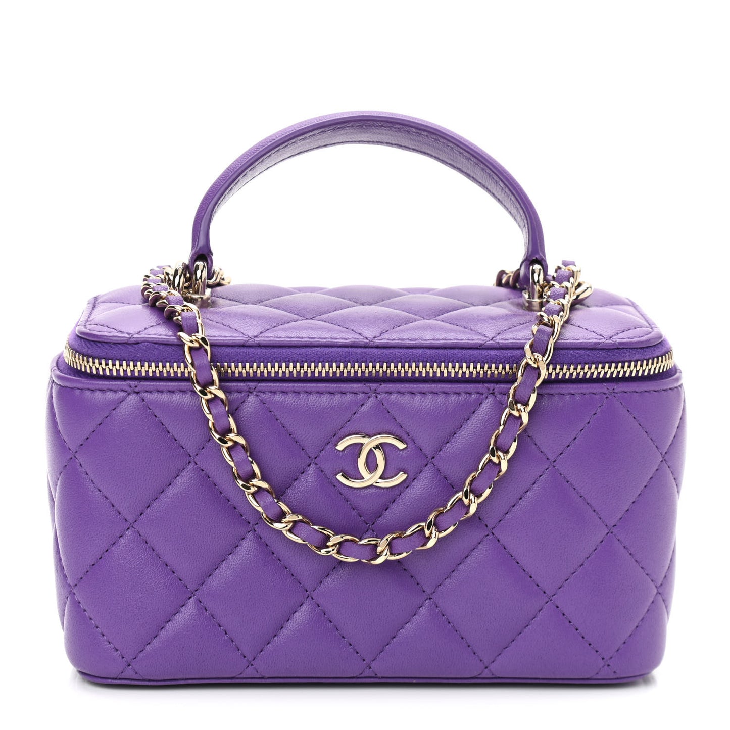 Lambskin Quilted Small Top Handle Vanity Case With Chain Purple
