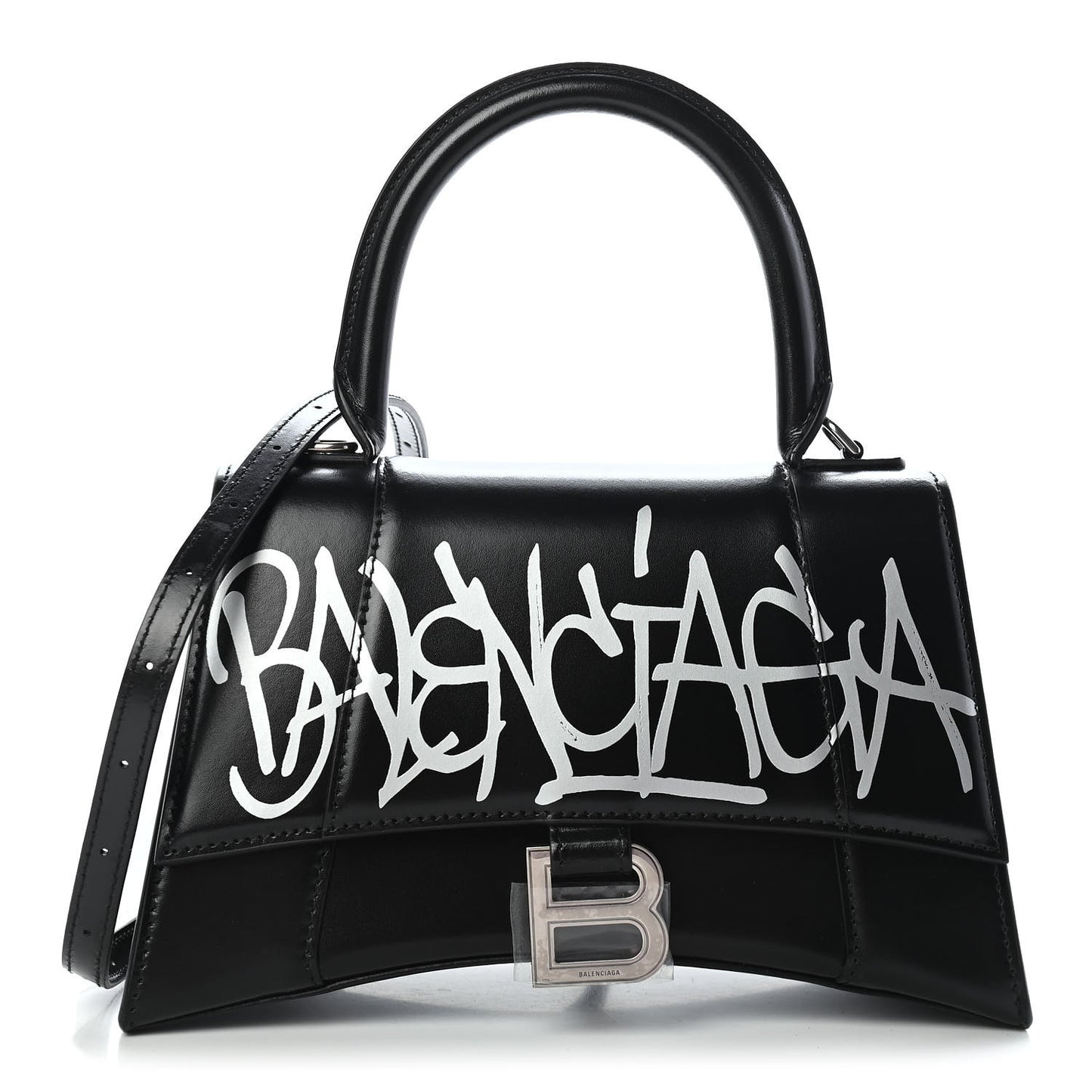 Shiny Box Calfskin Graffiti Logo Small Hourglass Top Handle Bag Black Silver