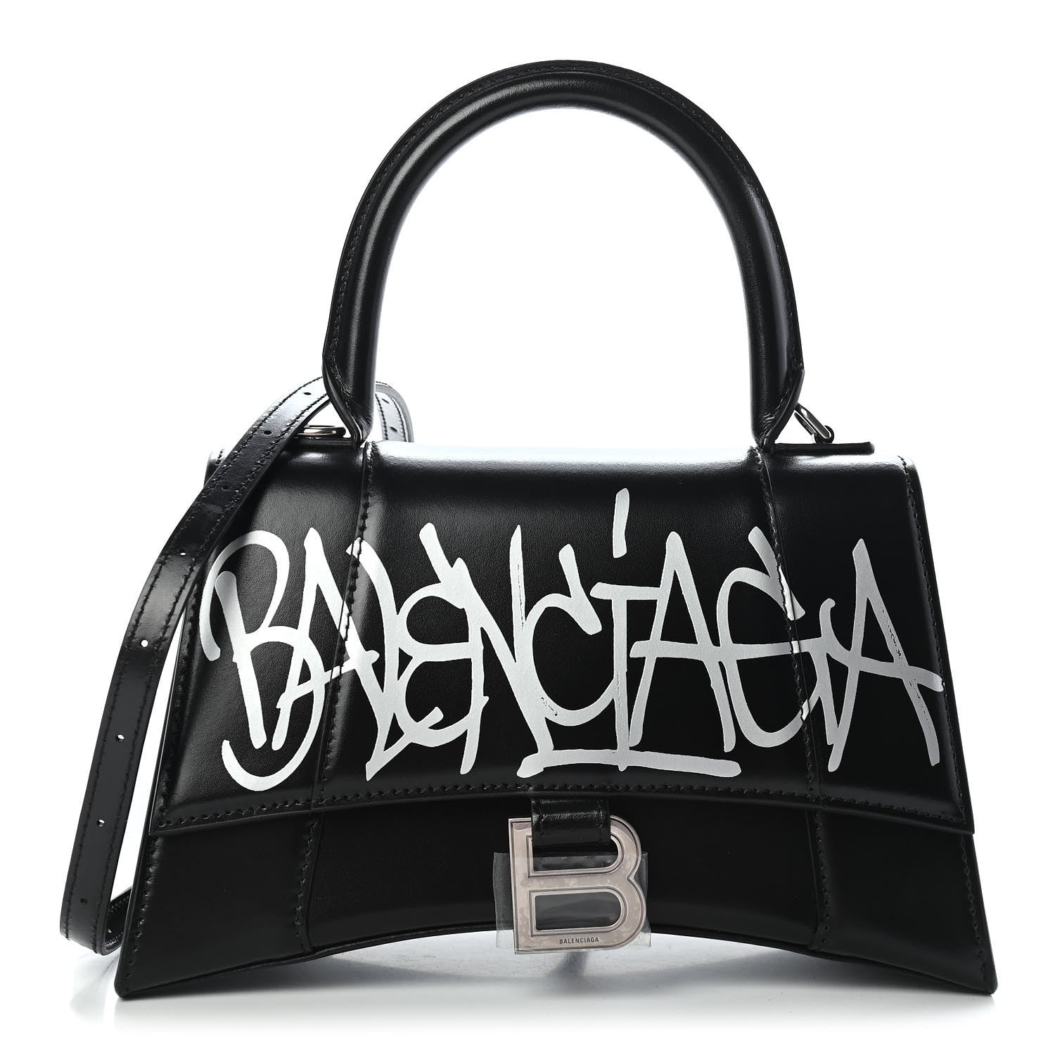 Balenciaga Shiny Box Calfskin Graffiti Logo Small Hourglass Top Handle Bag Black Silver 1 of 9