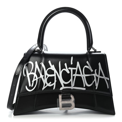 Balenciaga Shiny Box Calfskin Graffiti Logo Small Hourglass Top Handle Bag Black Silver 1 of 9