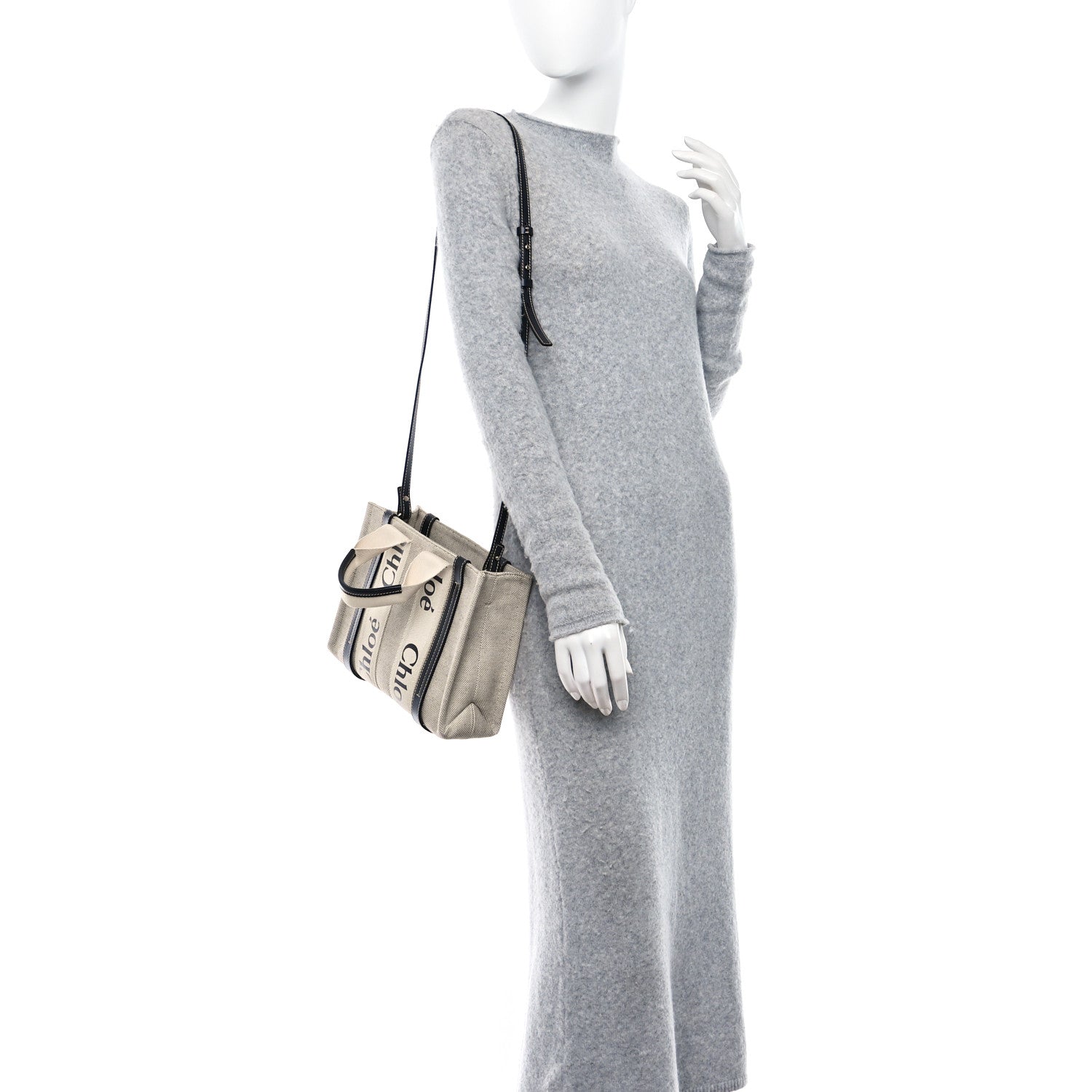 Chloe Cotton Calfskin Small Woody Ribbon Tote With Strap White Navy 2 of 8