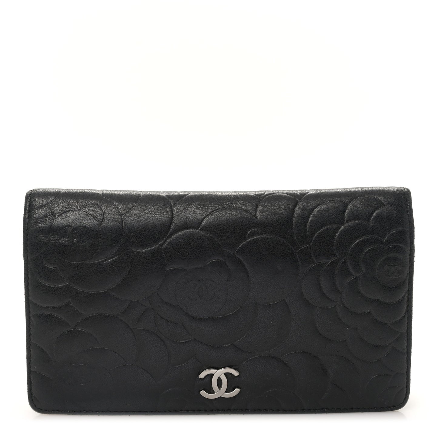 Lambskin Camellia Embossed Yen Wallet Black