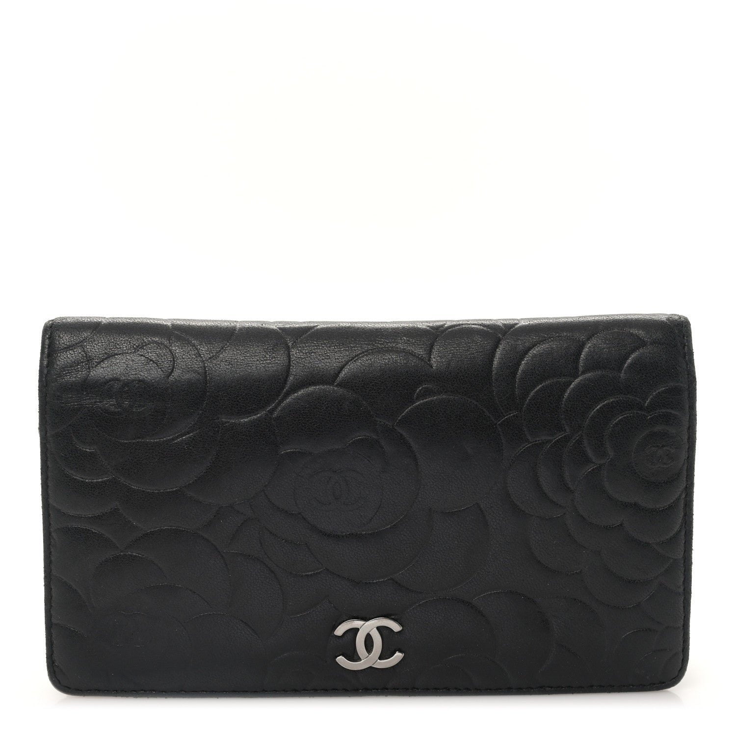 Chanel Lambskin Camellia Embossed Yen Wallet Black 1 of 10