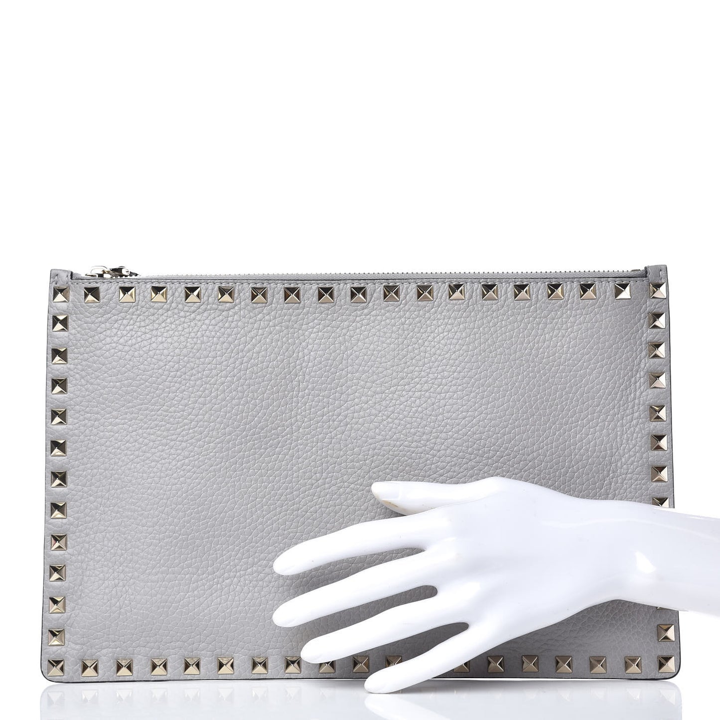 Pebbled Calfskin Large Rockstud Zip Pouch Pastel Grey
