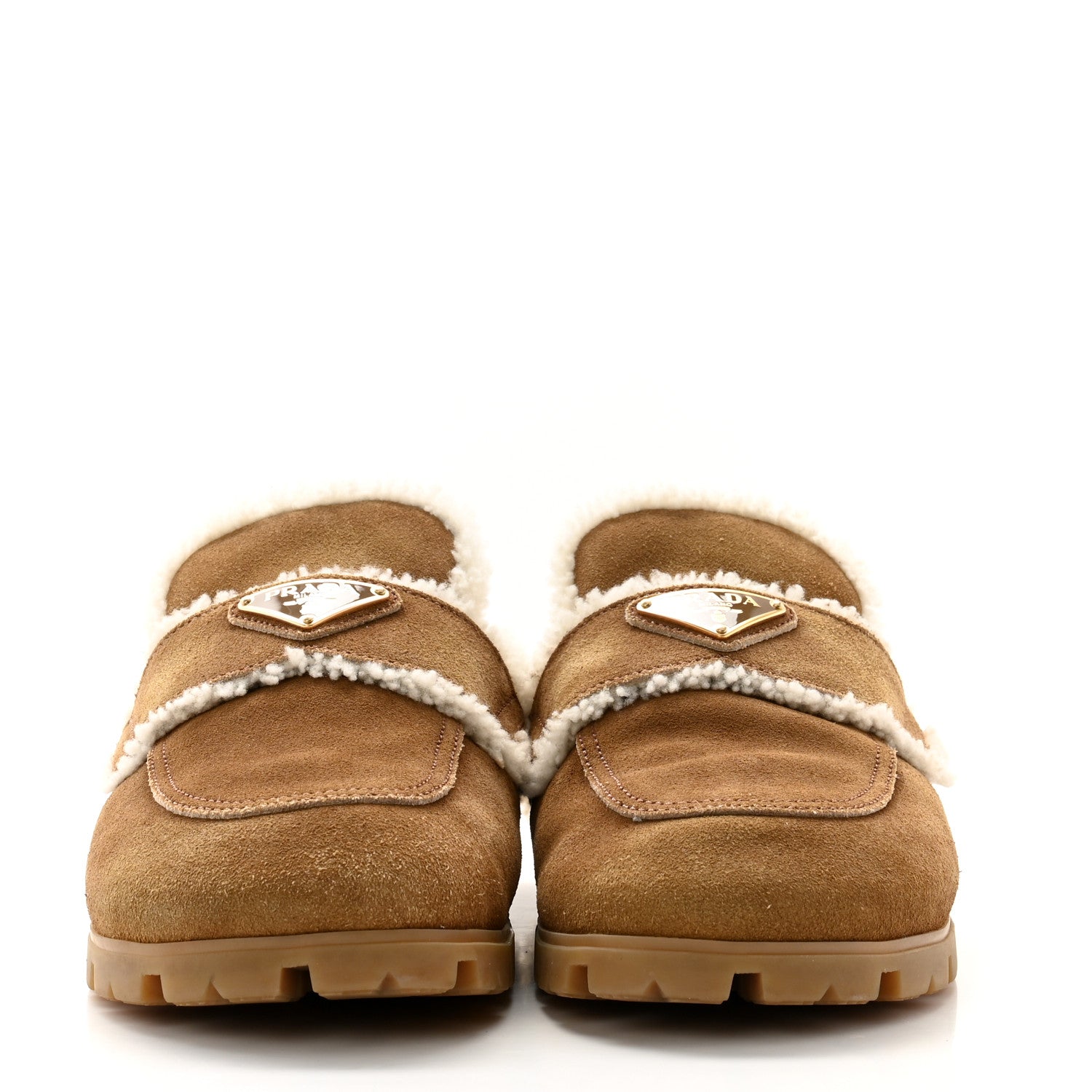 Prada Suede Shearling Metal Triangle Logo Lug Sole 20mm Mules 38 Beige 2 of 8