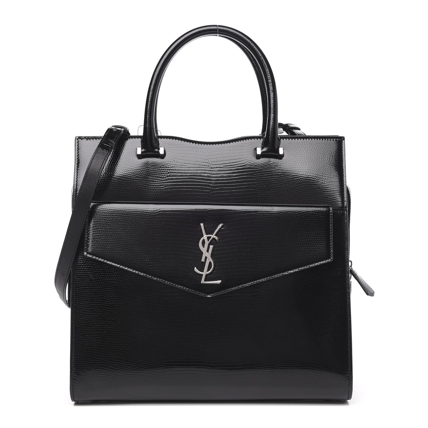 Shiny Calfskin Lizard Embossed Large Uptown Tote Black