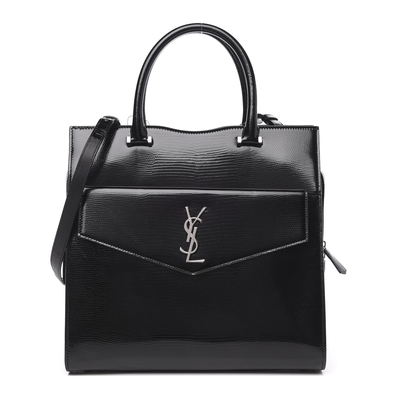Saint Laurent Shiny Calfskin Lizard Embossed Large Uptown Tote Black 1 of 10