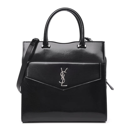 Saint Laurent Shiny Calfskin Lizard Embossed Large Uptown Tote Black 1 of 10