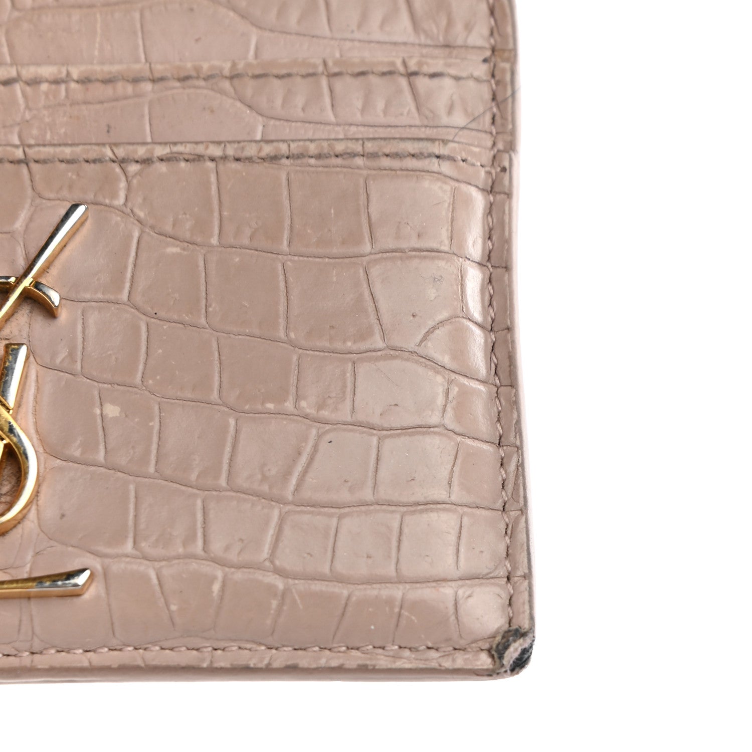 Saint Laurent Calfskin Crocodile Embossed Monogram Card Case Rose Antic 9 of 10