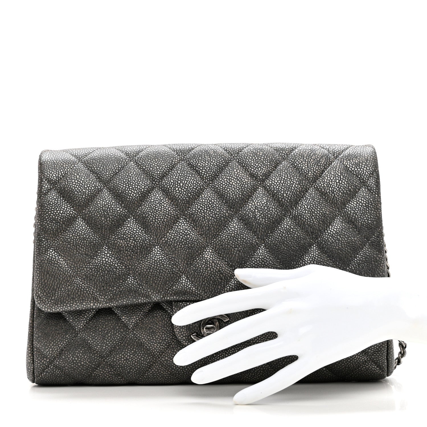 Chanel Metallic Caviar Quilted Clutch With Chain Flap Dark Silver 3 of 8
