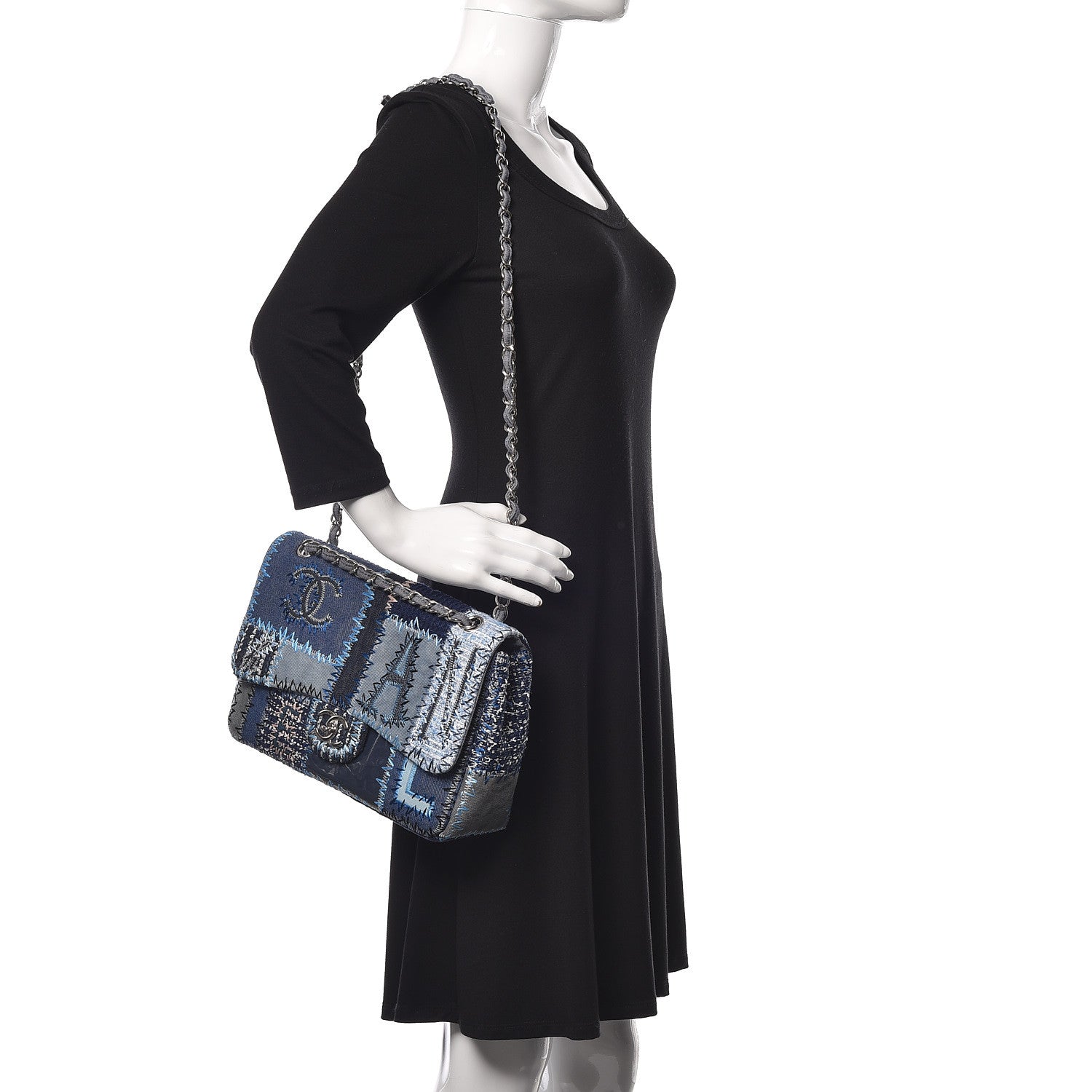 Chanel Denim Tweed Patchwork Jumbo Single Flap Blue 2 of 12