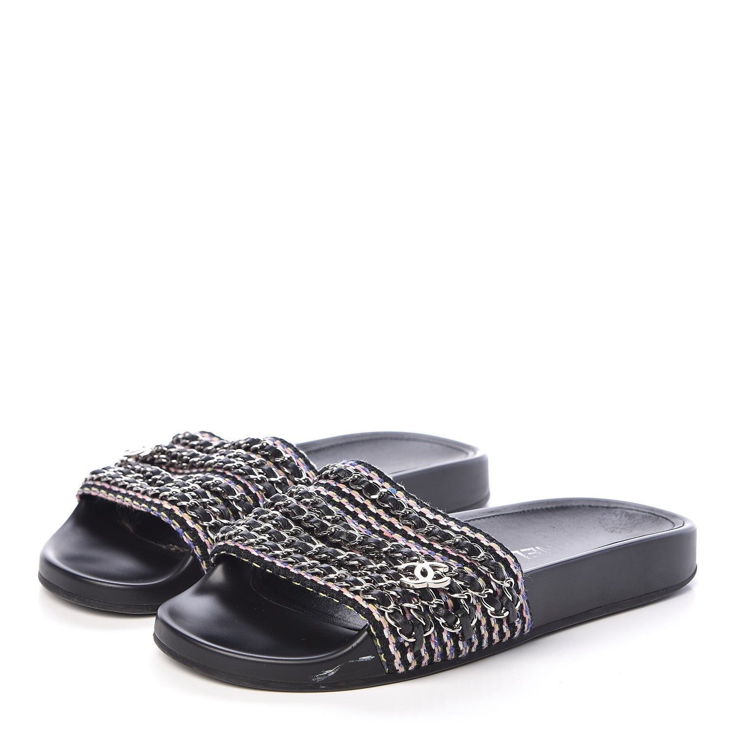 Chanel Tweed Lambskin Chain Flat Sandals 38 Black Multicolor 3 of 11