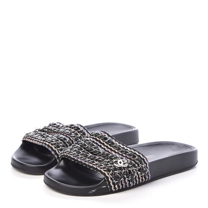 Chanel Tweed Lambskin Chain Flat Sandals 38 Black Multicolor 3 of 11