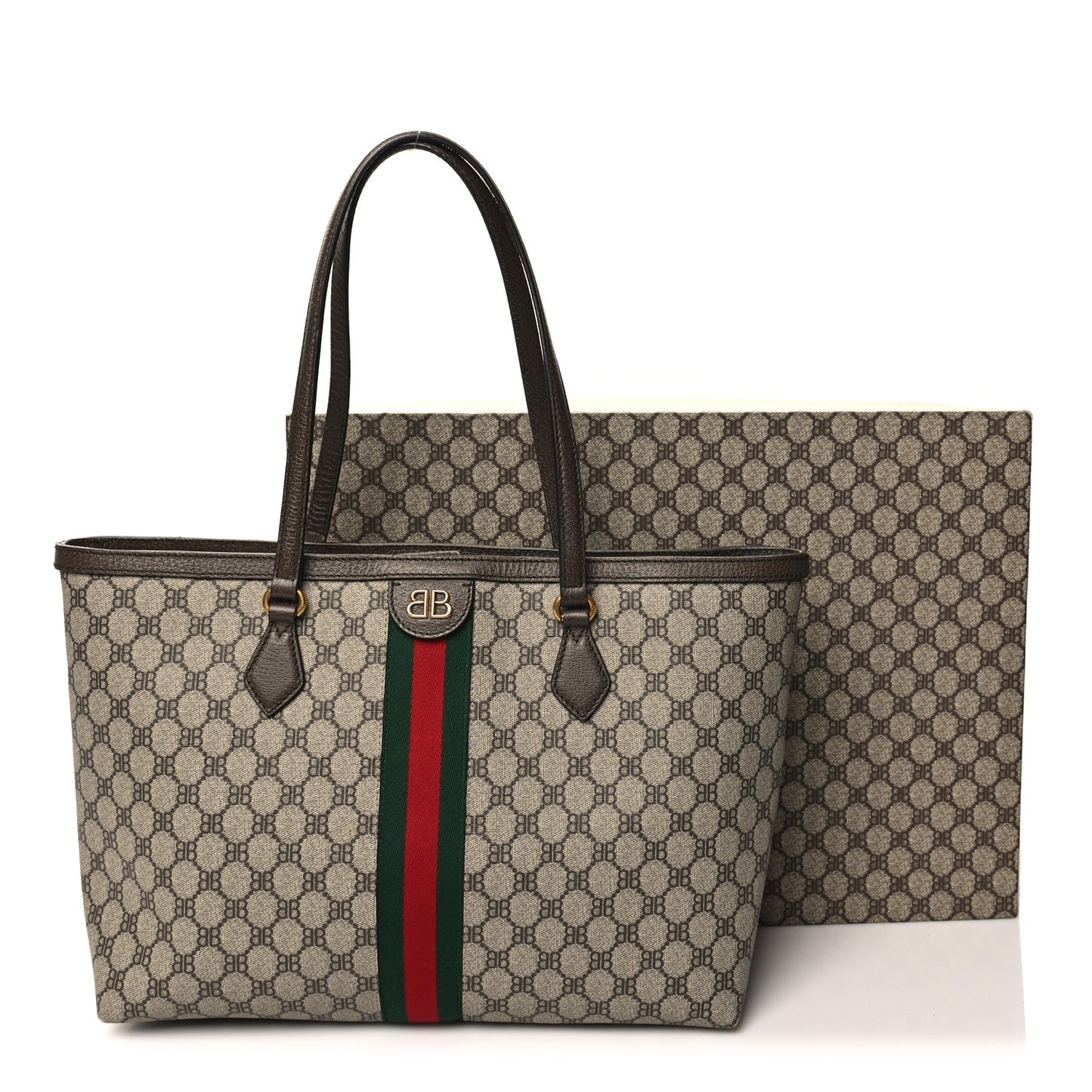 X BALENCIAGA BB Supreme Monogram Web Medium Ophidia Shopping Tote Beige New Acero