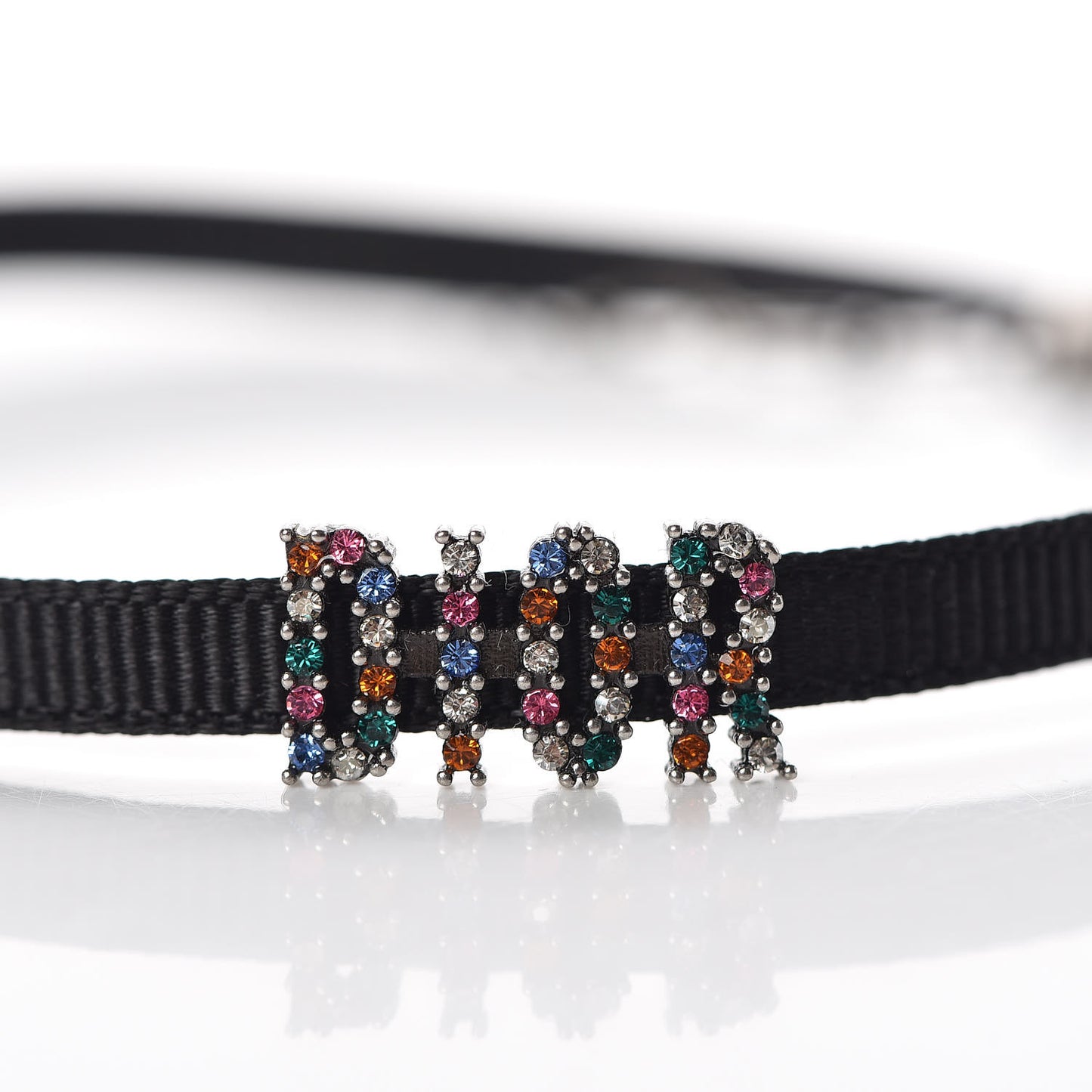 Grosgrain Ribbon Crystal Dior Logo Choker Necklace Multicolor