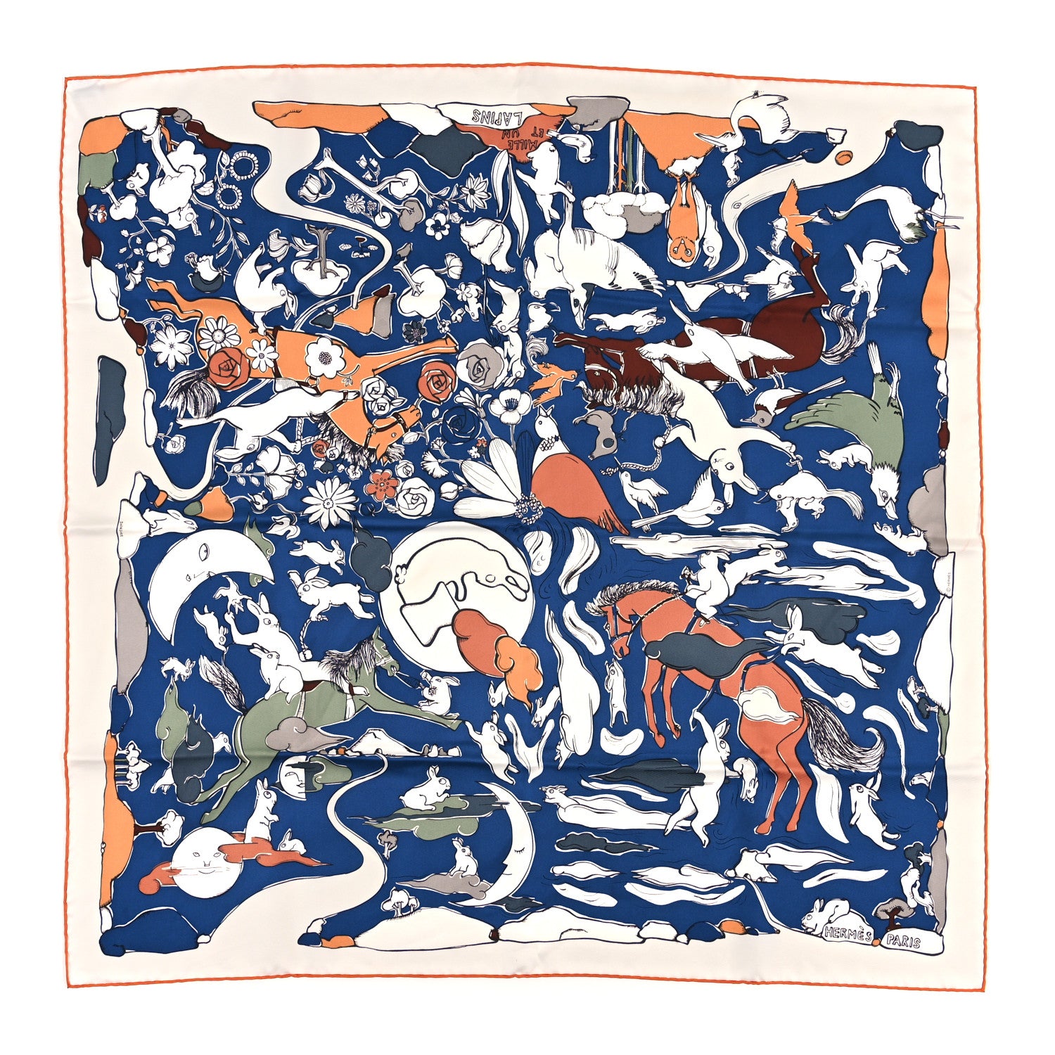 Hermes Silk Mille Et Un Lapins Scarf 90 White Marine Kaki 1 of 4