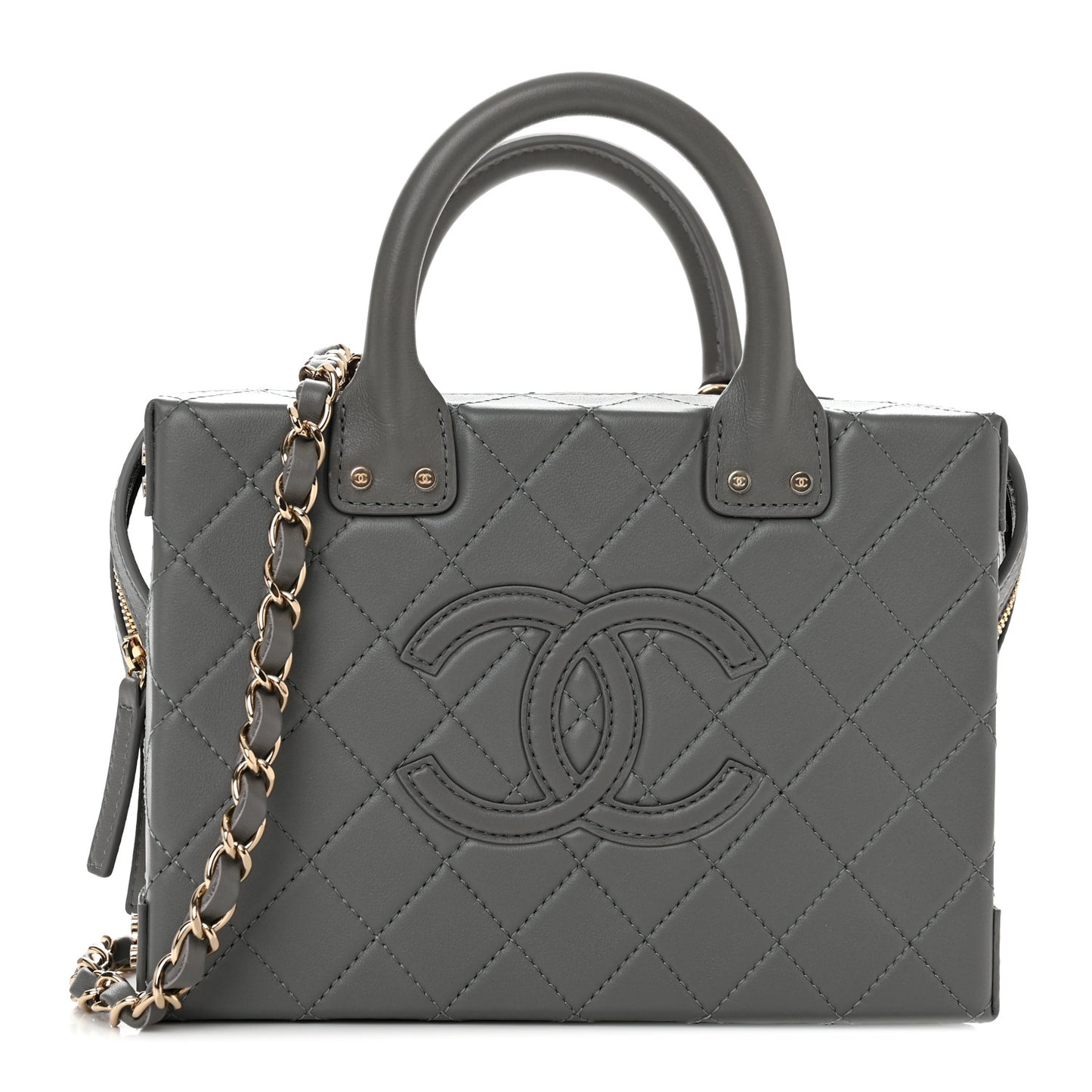Calfskin Quilted Studded Square Vanity Case Grey