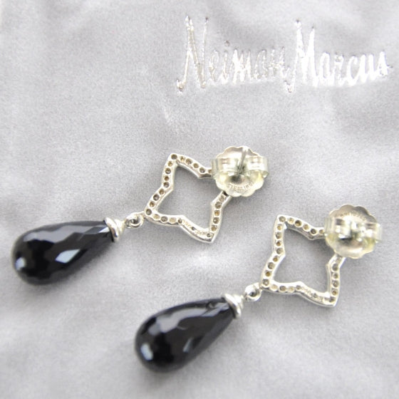 Sterling Silver Pave Diamond Quatrefoil Onyx Drop Earrings