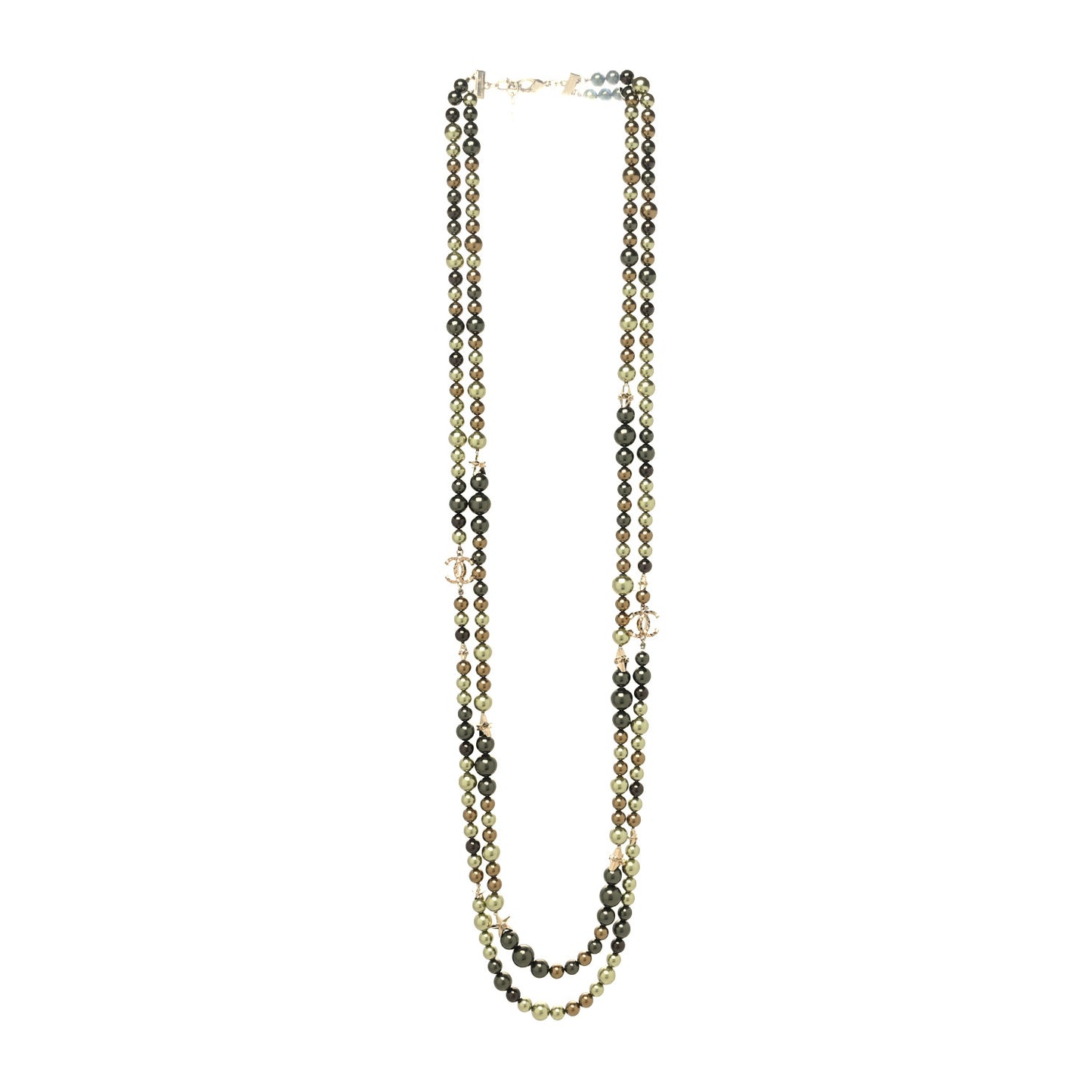 Pearl Star CC Multi Strand Long Necklace Green Gold