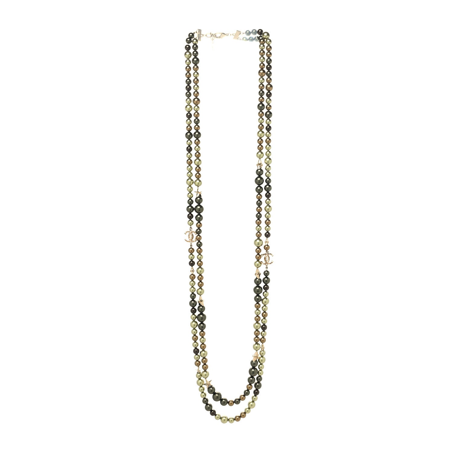 Chanel Pearl Star CC Multi Strand Long Necklace Green Gold 3 of 5