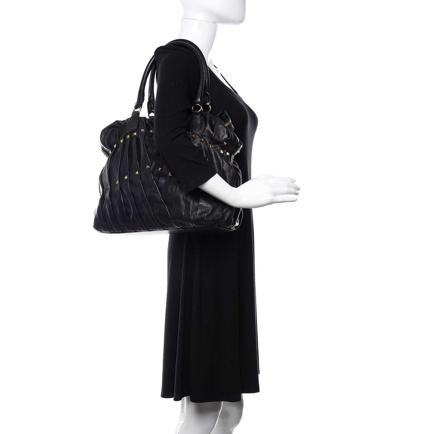 Lambskin Pleated Studded Maizeon Tote Black