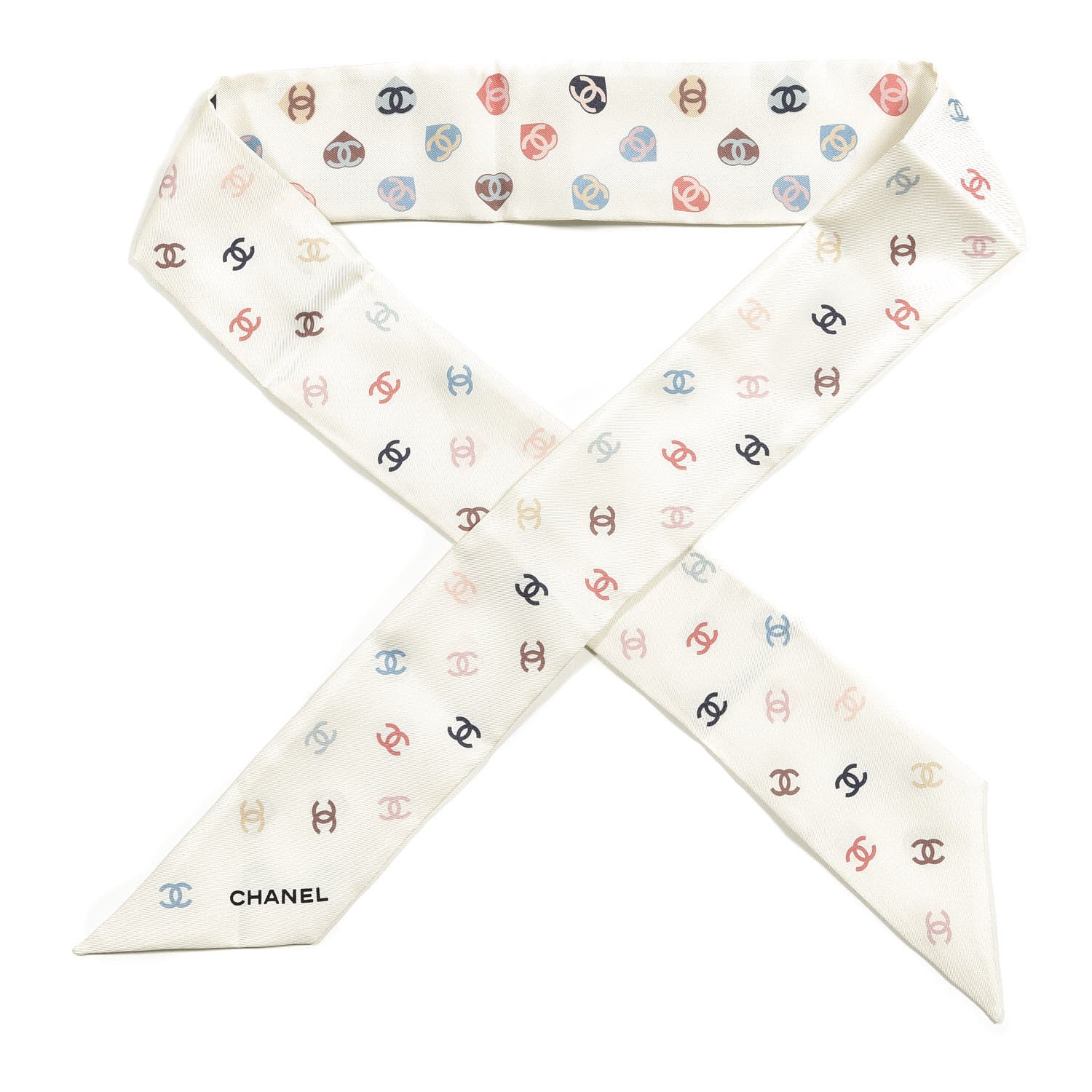 Chanel Silk Heart CC Slim Bandeau Scarf Ivory 1 of 3