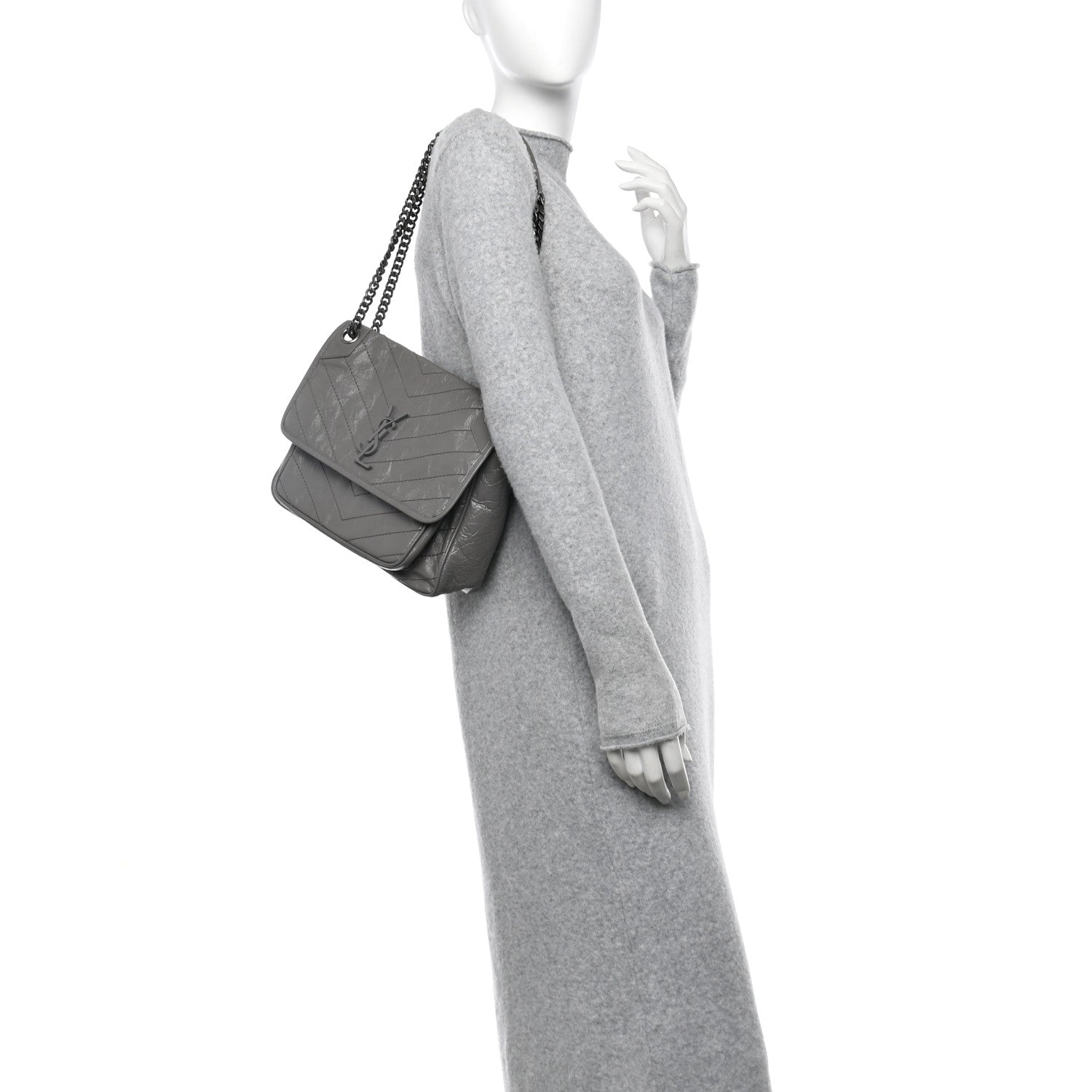 Saint Laurent Crinkled Calfskin Matelasse Monogram Medium Niki Chain Satchel Fog 2 of 12