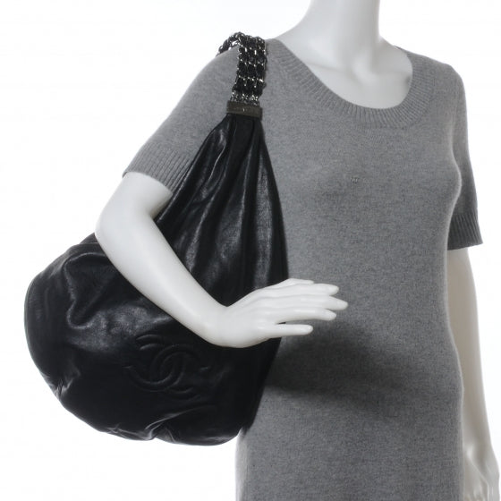 Lambskin Large Rock and Chain Hobo Black