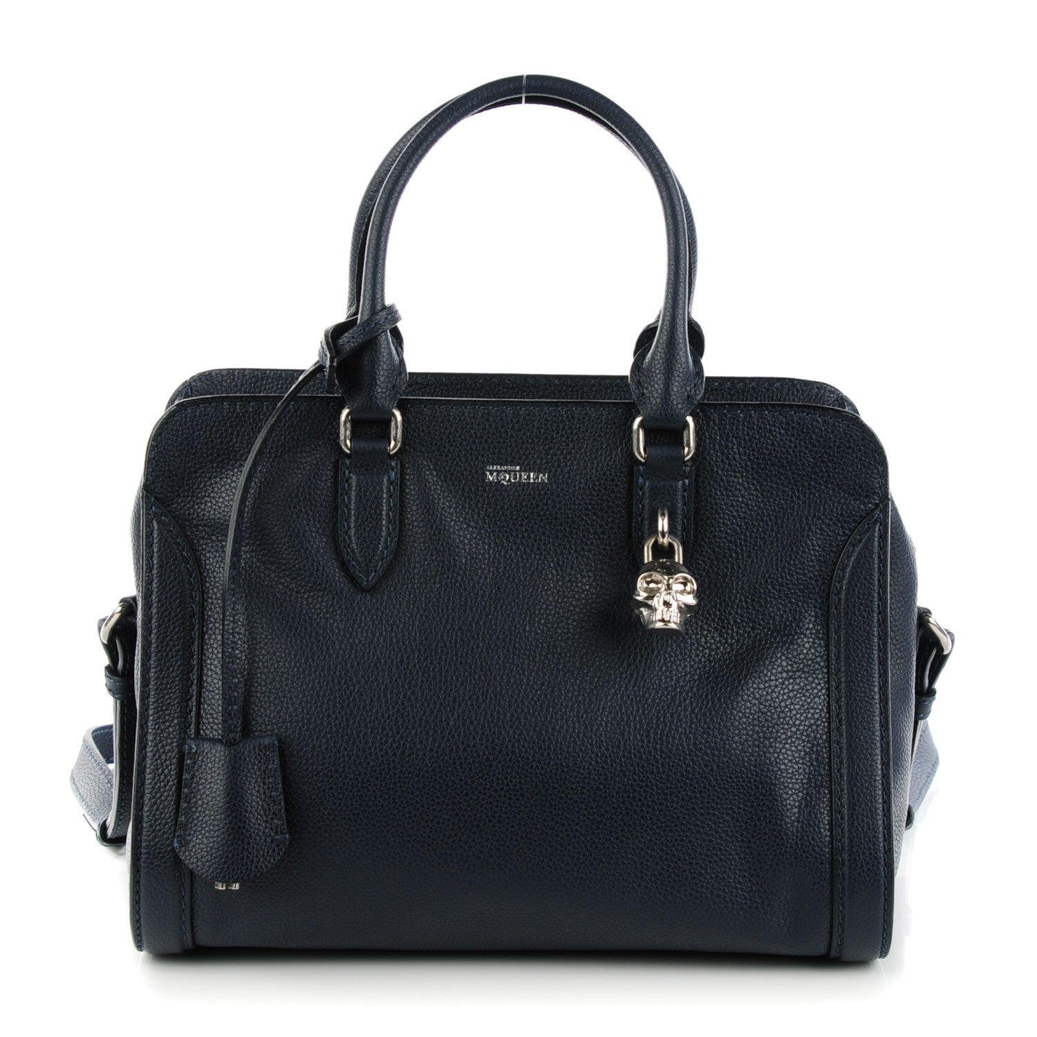 Alexander McQueen Pebbled Calfskin Small Skull Padlock Zip Around Tote Navy 1 of 7