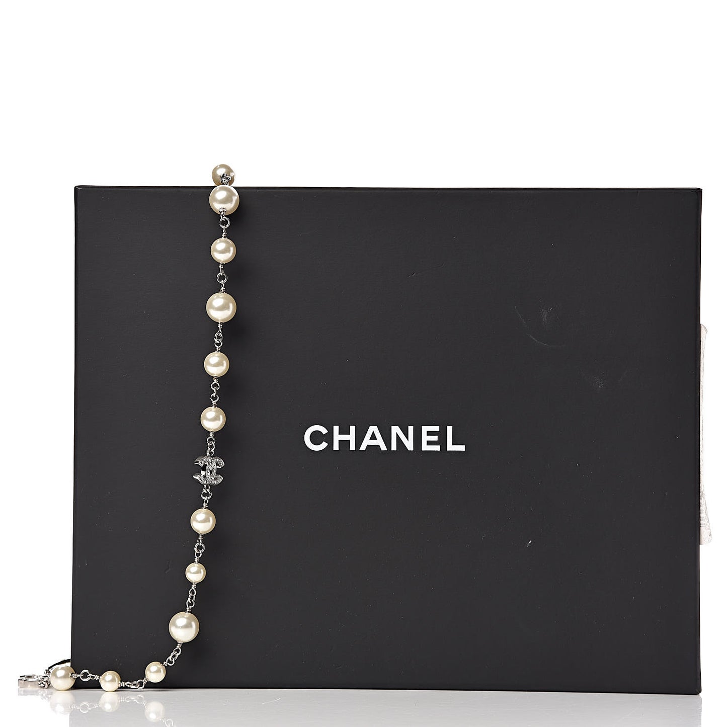 Graduated Pearl Crystal CC Long Necklace Silver