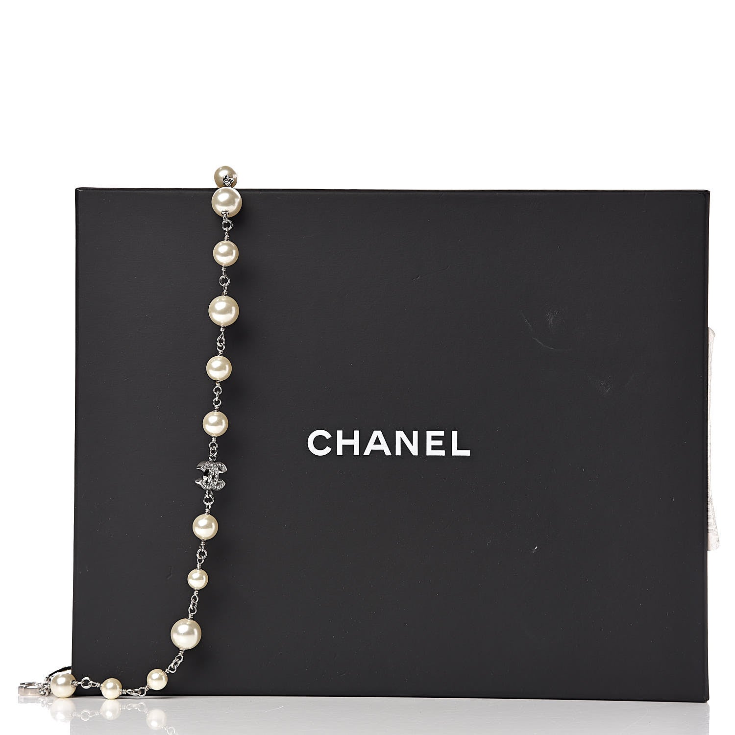 Chanel Graduated Pearl Crystal CC Long Necklace Silver 5 of 5
