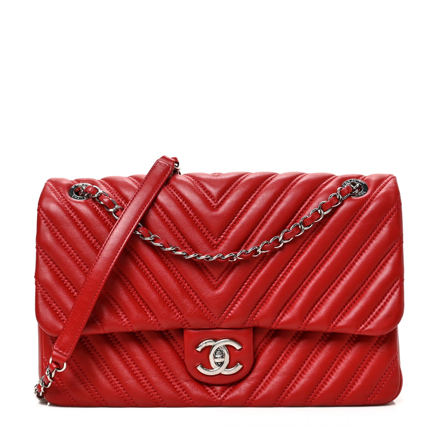 Lambskin Chevron Double Stitch Jumbo Single Flap Red
