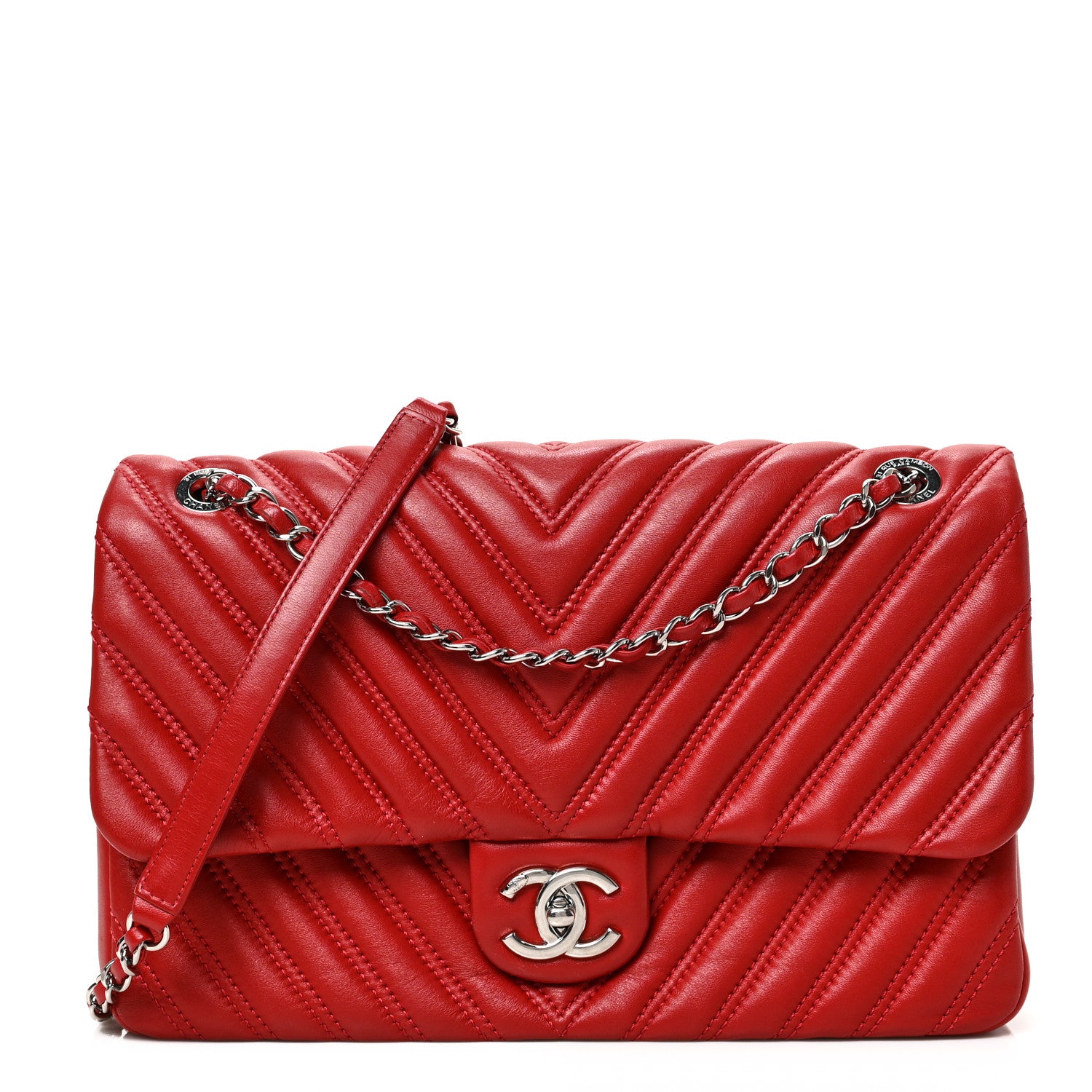 Chanel Lambskin Chevron Double Stitch Jumbo Single Flap Red 1 of 9