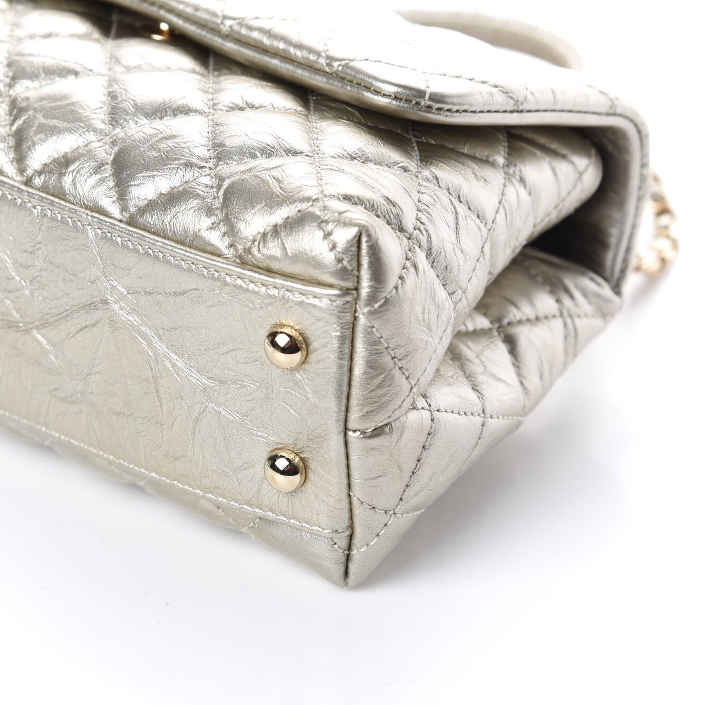 Metallic Aged Calfskin Quilted Mini Coco Handle Flap Silver