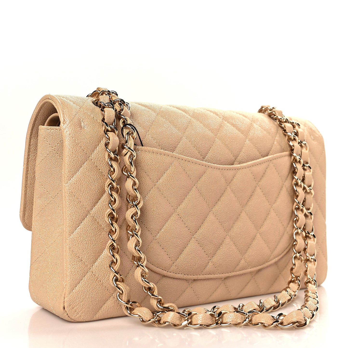 Iridescent Caviar Quilted Medium Double Flap Beige
