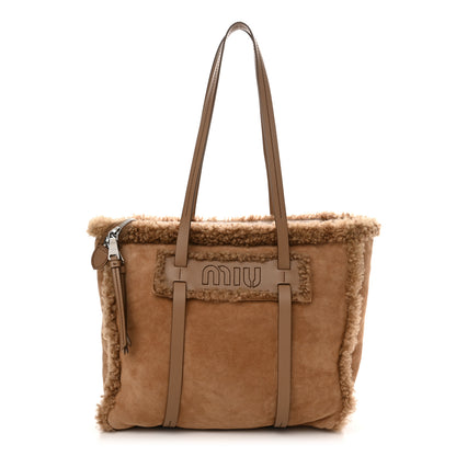 Miu Miu Shearling Suede Shopping Tote Caramel 1 of 10
