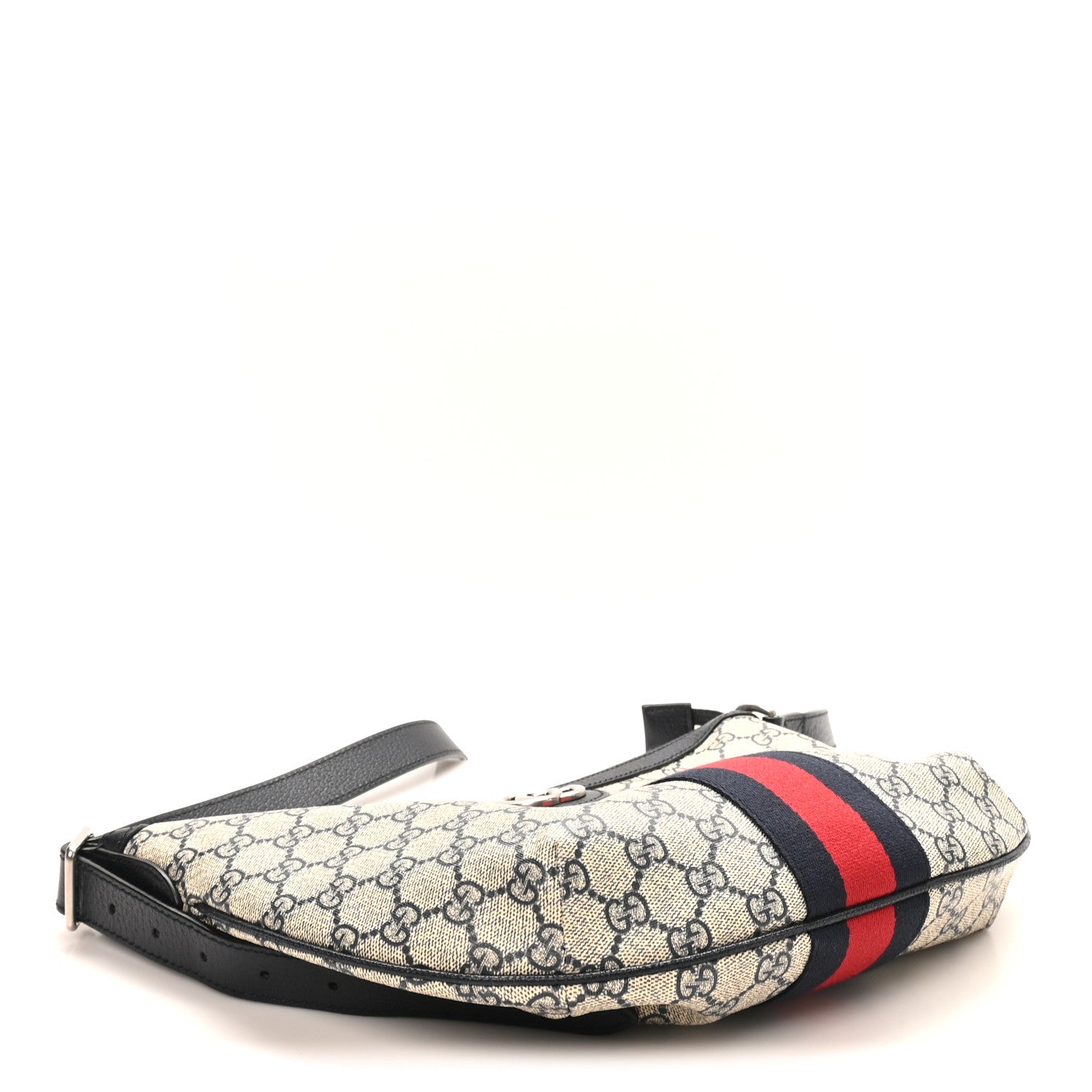 Gucci GG Supreme Monogram Textured Dollar Calfskin Web Small Ophidia Half Moon Hobo Beige Blue 4 of 10