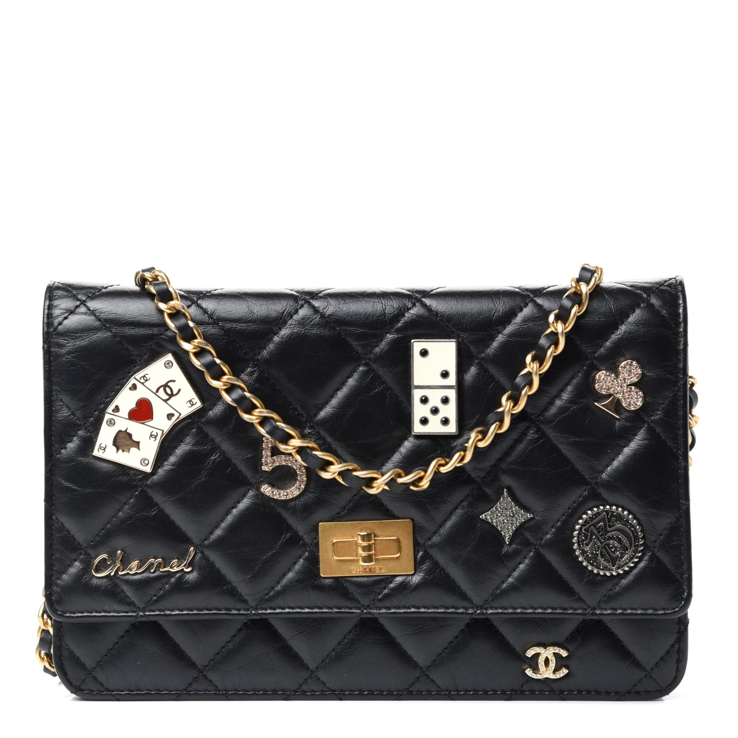Aged Calfskin Lucky Charms Casino 2.55 Reissue Wallet on Chain WOC Black