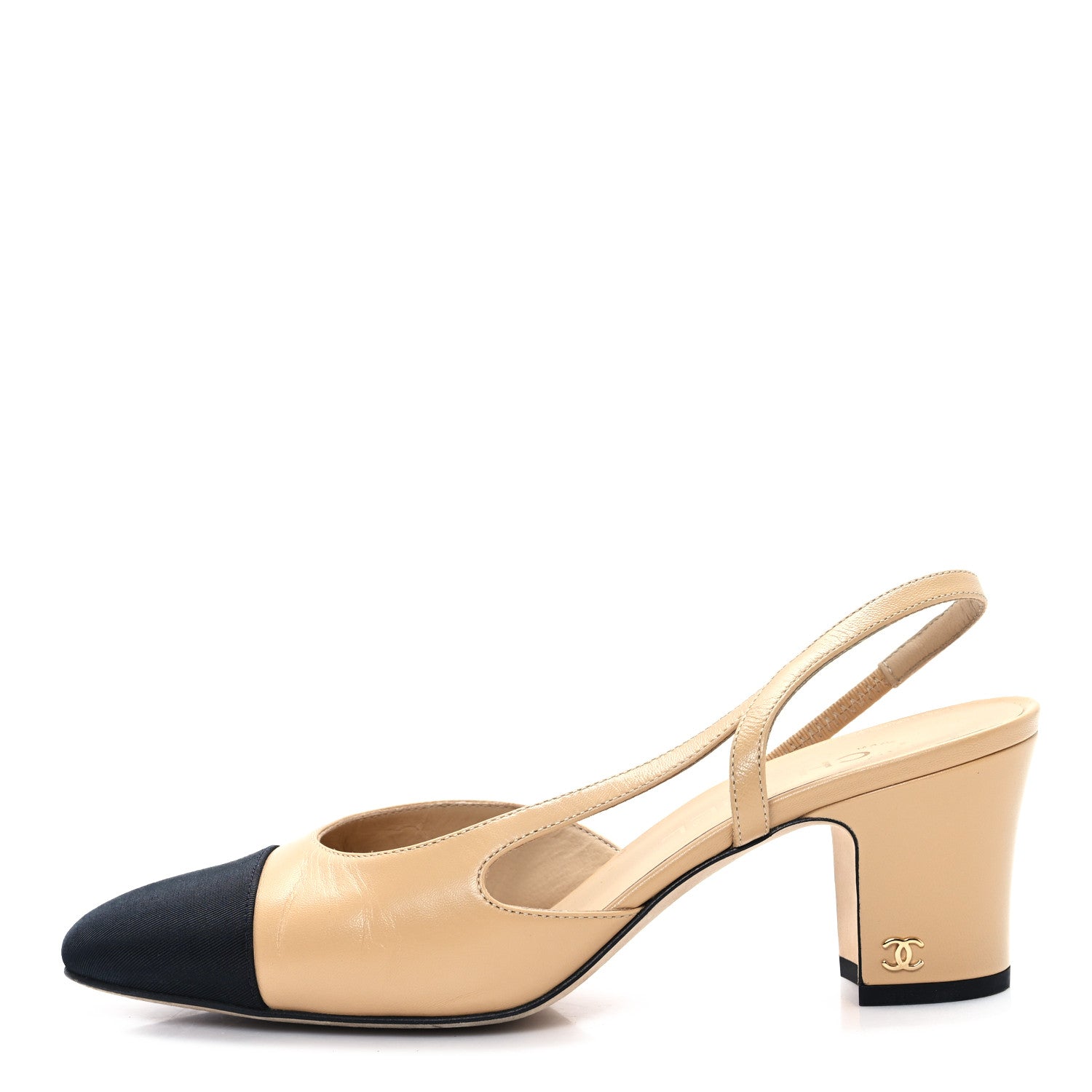 Chanel Goatskin Grosgrain Cap Toe CC Slingback Pumps 38 Beige Black 1 of 11
