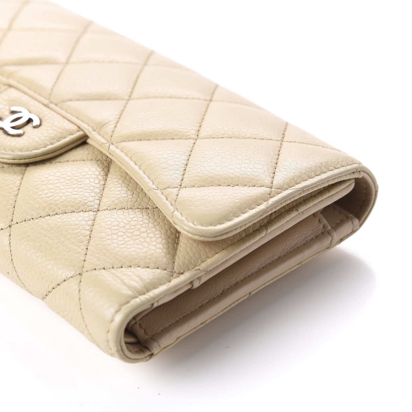 Caviar Quilted Large Flap Wallet Beige