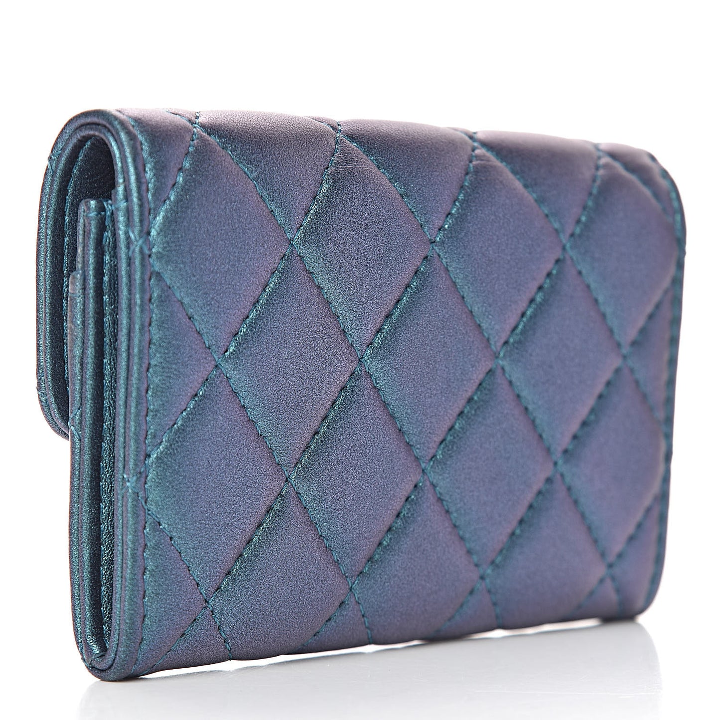 Iridescent Lambskin Quilted Flap Card Holder Turquoise