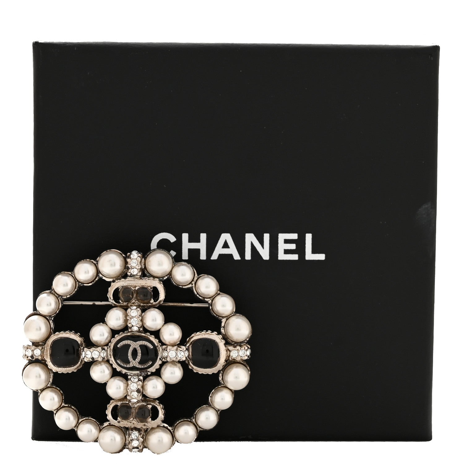 Chanel Gripoix Poured Glass Crystal Pearl Brooch Black Silver