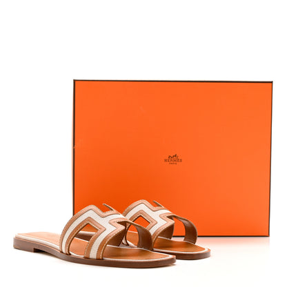 Hermes Calfskin Canvas Oran Sandals 36.5 Noisette Beige Dore 9 of 9