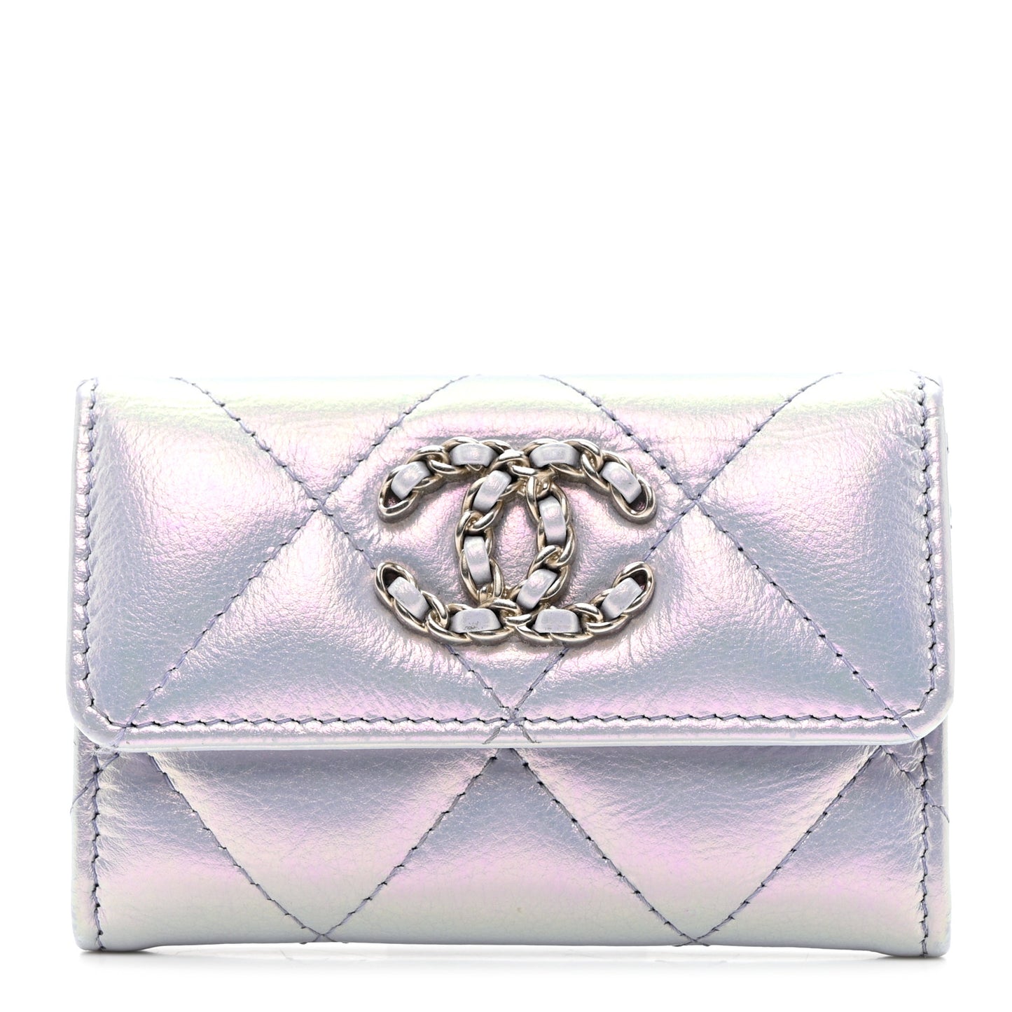 Iridescent Calfskin Quilted Chanel 19 Flap Card Holder Light Purple