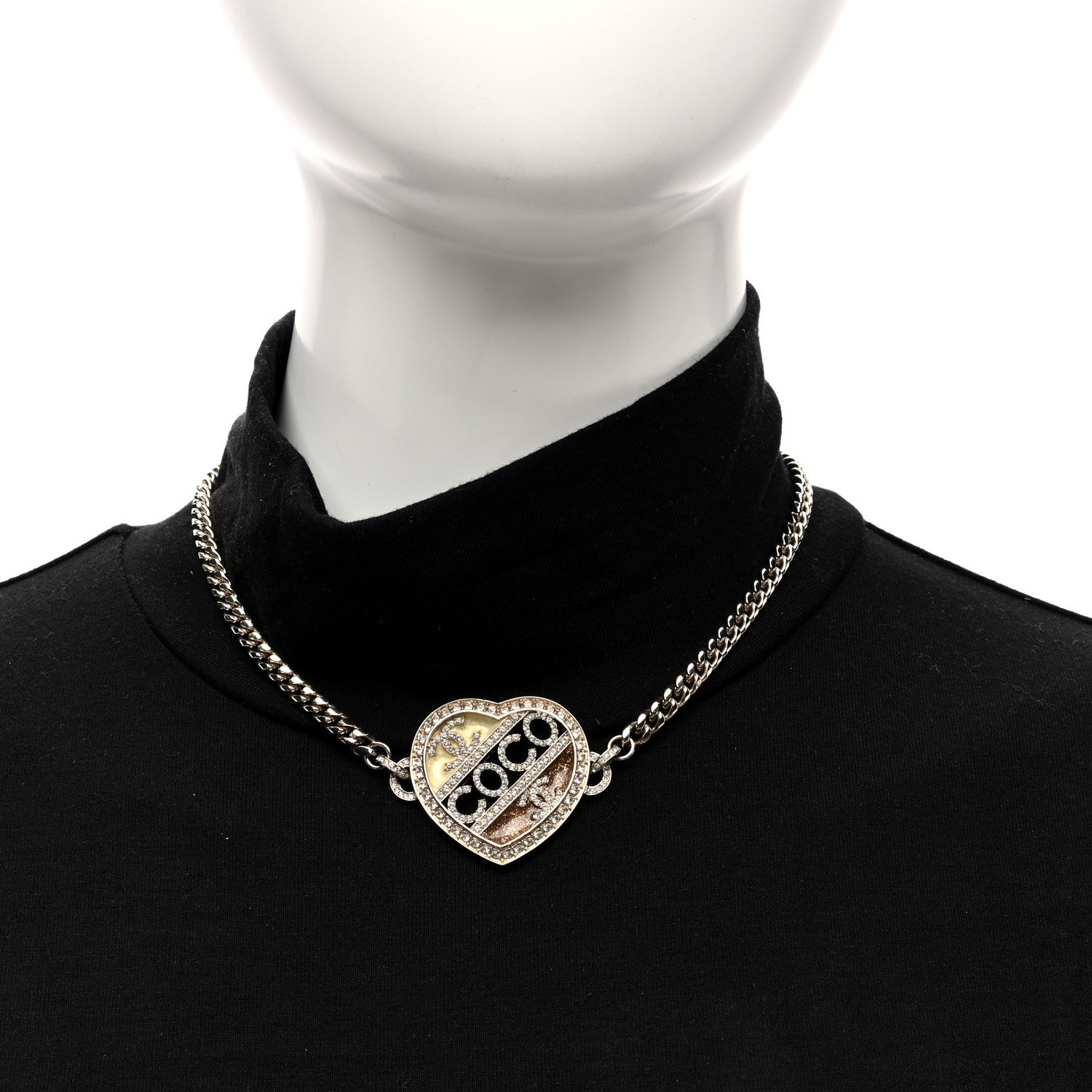 Chanel Crystal Crystal CC Coco Heart Necklace Gold 4 of 9